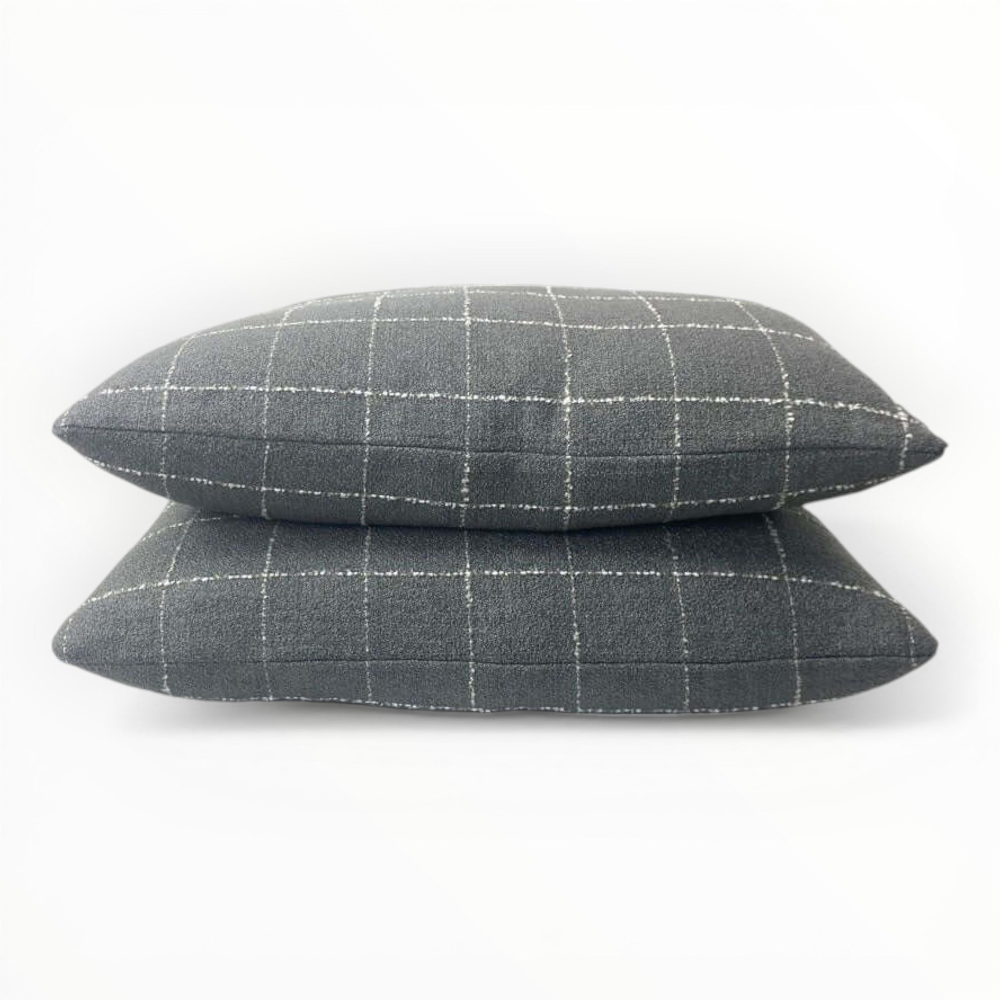woven fabric detail showing windowpane grid pattern in slate tones