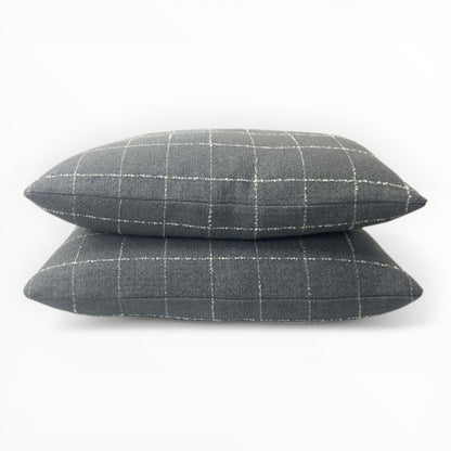 woven fabric detail showing windowpane grid pattern in slate tones