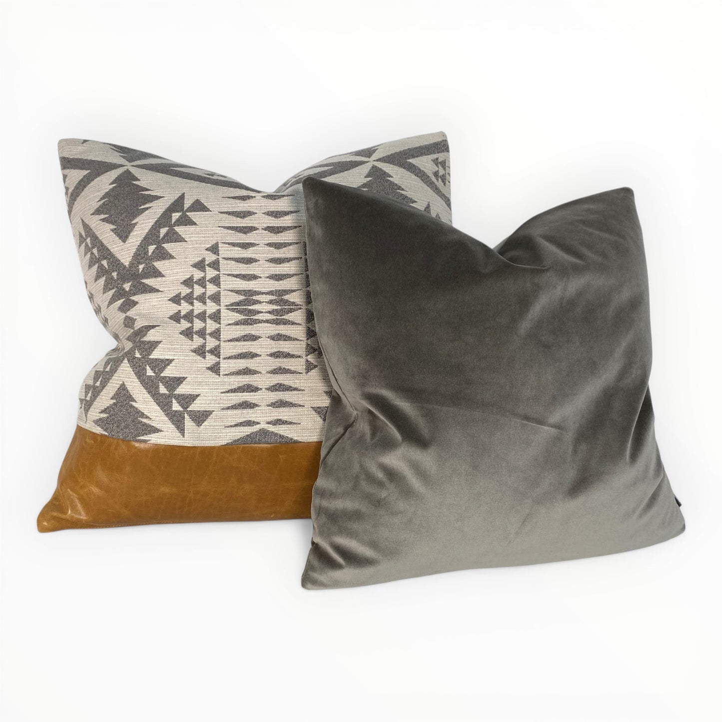 Diamond River + Optima leather pillow paired with Regal Linden pillow in pewter