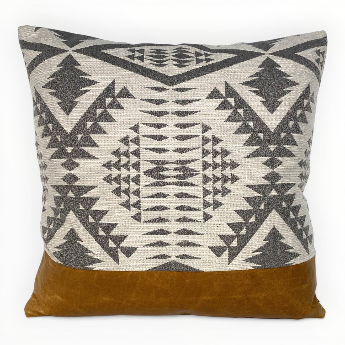 Sunbrella Pendleton Diamond River II pillow in fawn with Optima leather accent