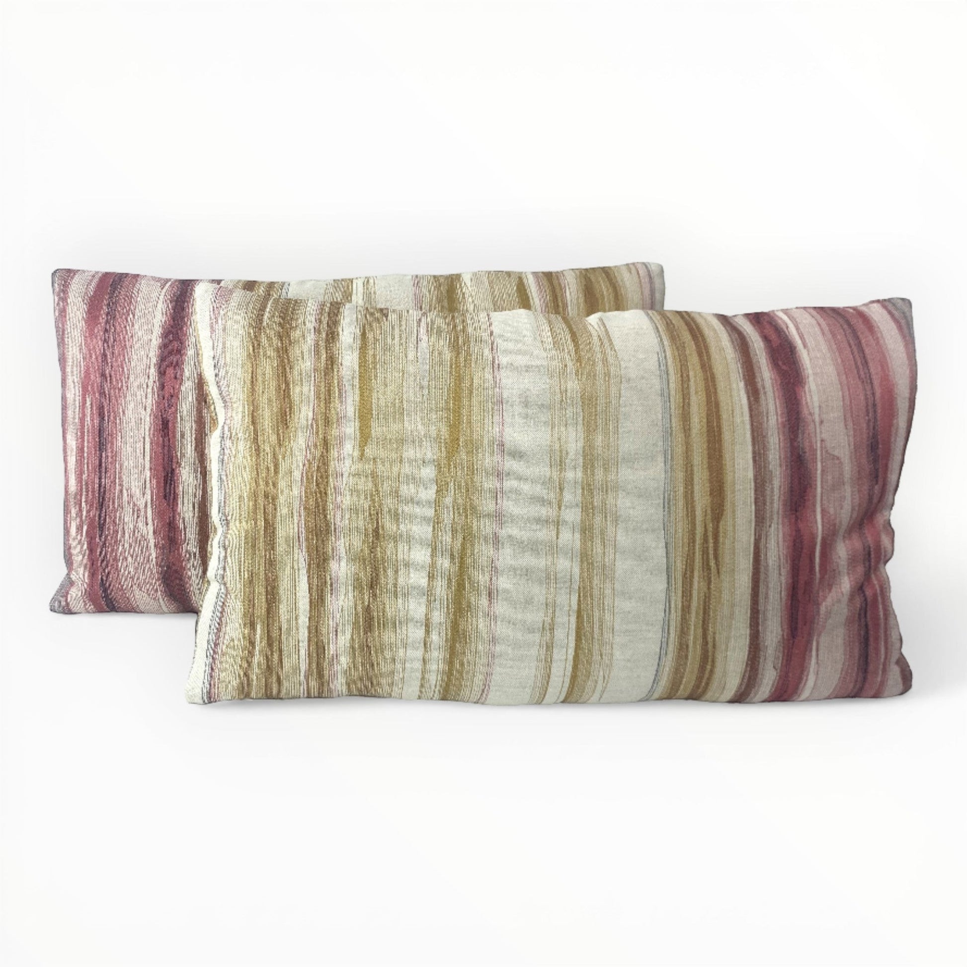 abstract stripe designer pillow in sunset colors of rose and gold