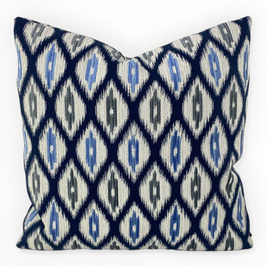 Thibaut Rajah throw pillow cover in navy on neutral sofa