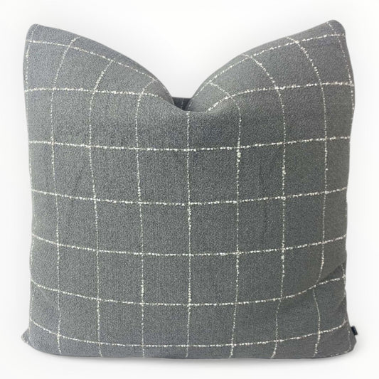 windowpane weave throw pillow cover in slate on neutral sofa